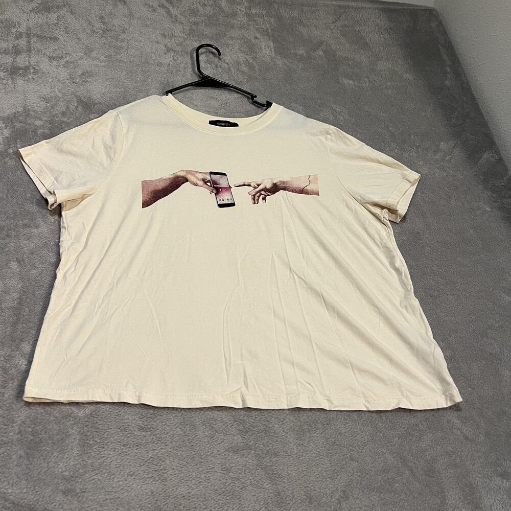 Forever 21 Shirt Womens 2XL Cream Graphic Michelangelo Hands Phone Meme Art Tee